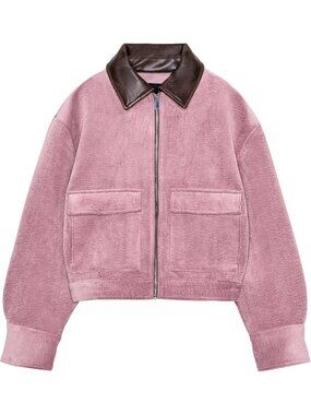 Women's Pink Corduroy Jacket Cropped Bomber Jacket Fall Outerwear Loose Fit